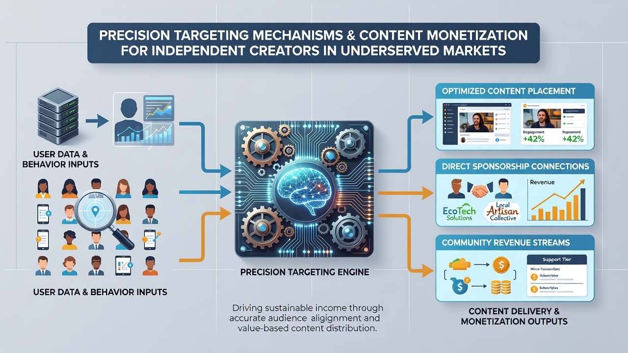 Creator dashboard displaying audience segmentation maps and revenue analytics from targeted campaigns in underserved regions