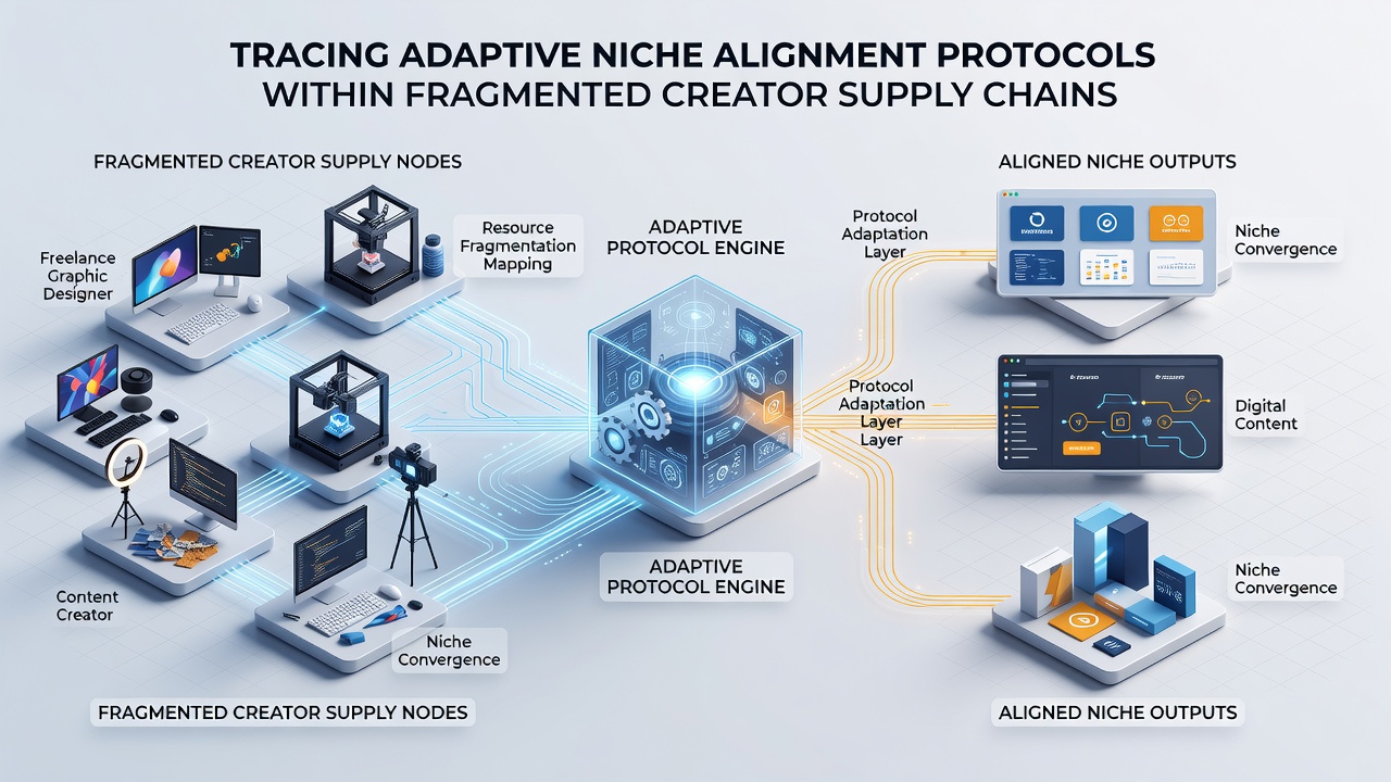 Flow diagram tracing adaptive protocols across fragmented nodes including content creation, distribution, and monetization segments